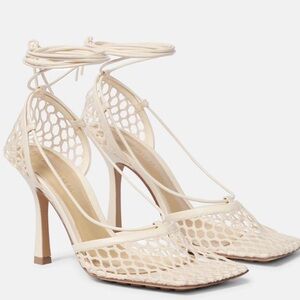 Bottega Veneta Cream Mesh Lace-Up Heels